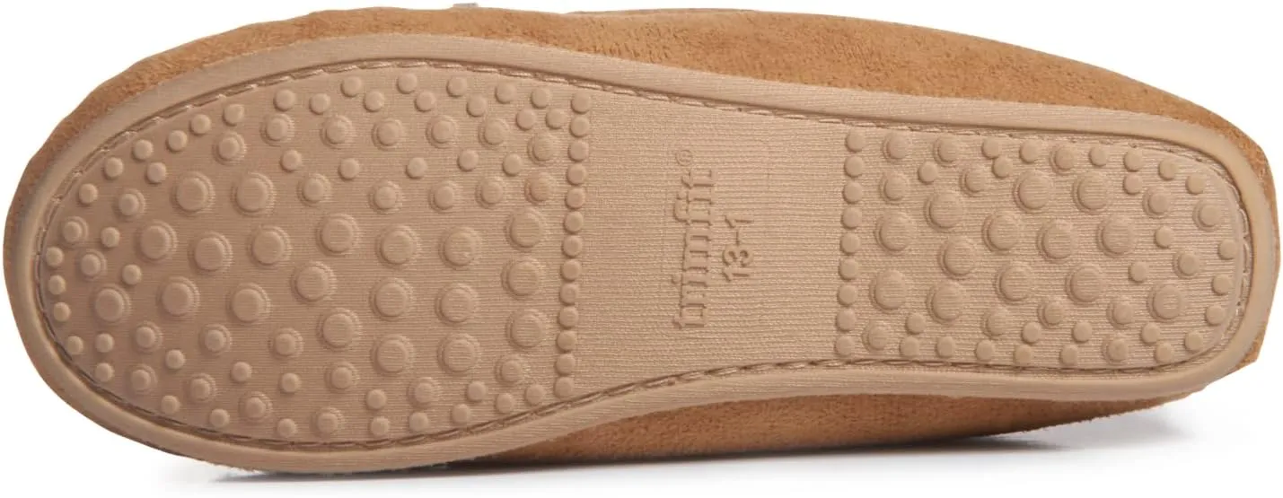 Lucky Brand Girls Plush Glitter Bow Moccasin Slippers, Rubber Sole Indoor Outdoor House Shoes, Kids Bedroom Slipper Moccasins