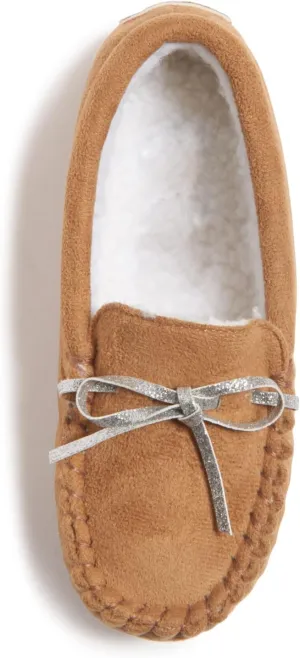 Lucky Brand Girls Plush Glitter Bow Moccasin Slippers, Rubber Sole Indoor Outdoor House Shoes, Kids Bedroom Slipper Moccasins