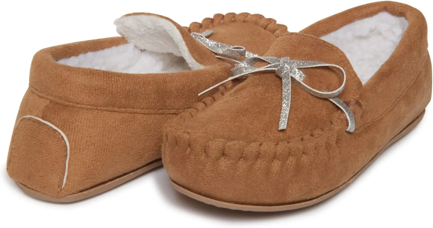Lucky Brand Girls Plush Glitter Bow Moccasin Slippers, Rubber Sole Indoor Outdoor House Shoes, Kids Bedroom Slipper Moccasins