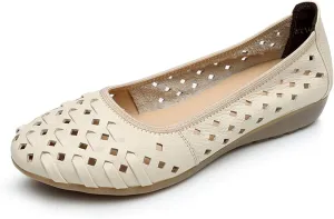 LUXINYU Women's Slip on Flats,Round Toe Hallow Flat Shoes, Soft Comfortable Cowhide Soft-soled Flats