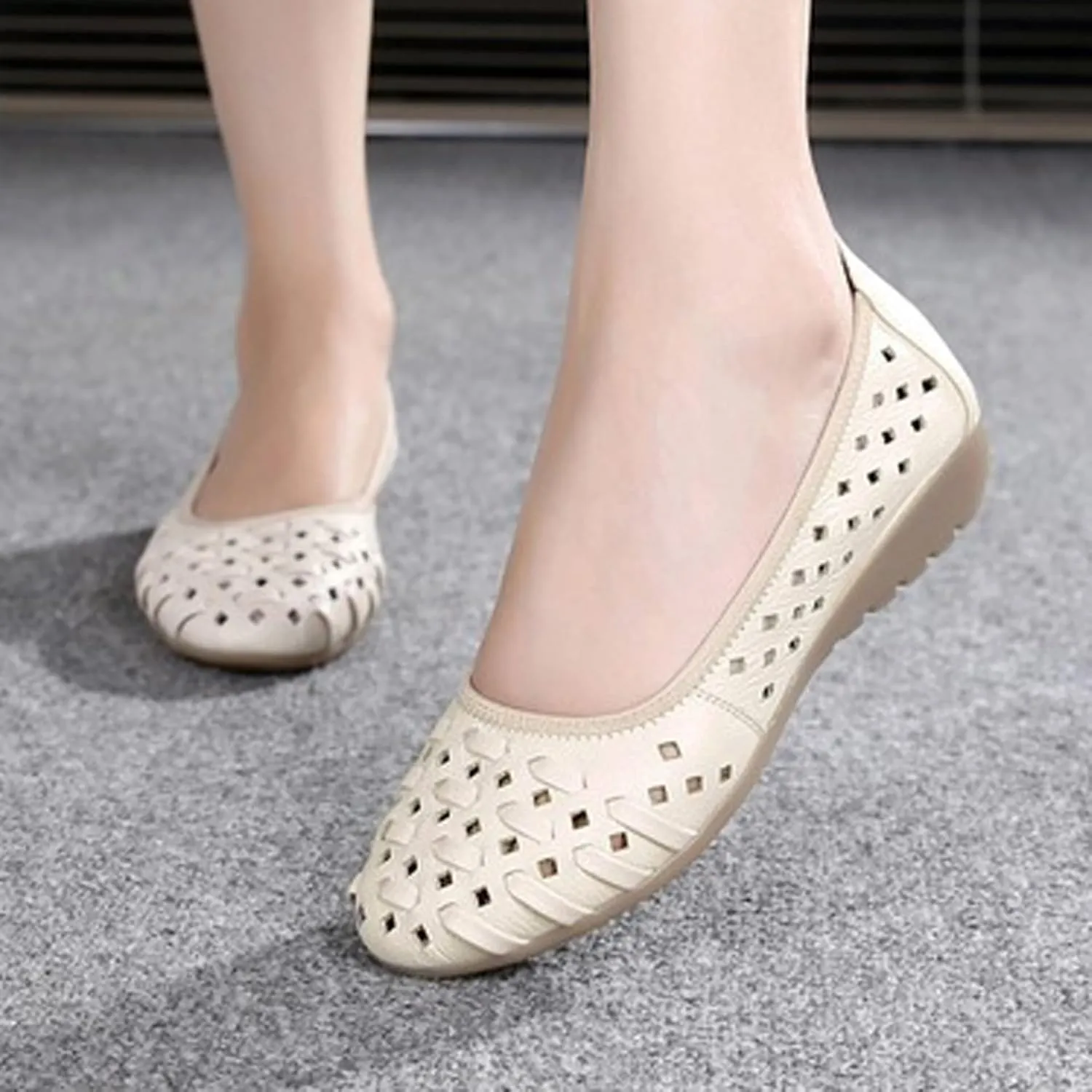 LUXINYU Women's Slip on Flats,Round Toe Hallow Flat Shoes, Soft Comfortable Cowhide Soft-soled Flats