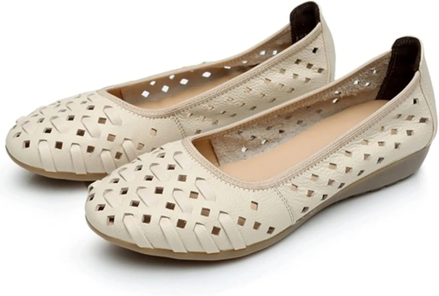 LUXINYU Women's Slip on Flats,Round Toe Hallow Flat Shoes, Soft Comfortable Cowhide Soft-soled Flats