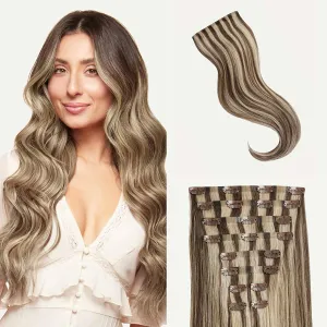 Luxy 100% Remy Human Hair - Seamless Clip-In Hair Extensions - Multi-Dimensional Color for Natural Blending, Adds Volume & Length 180 grams 20" Ash Brown Highlights
