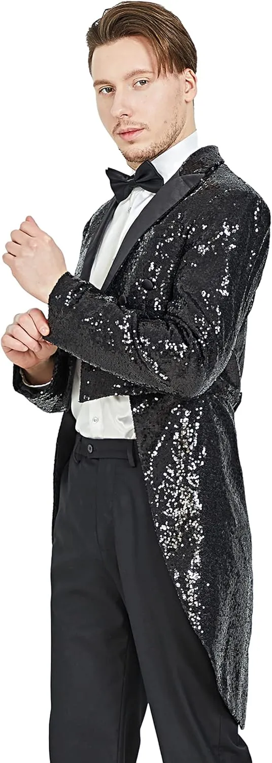 MAGE MALE Mens Sequin Tuxedo Jacket Tails Slim Fit Tailcoat Dress Coat Swallowtail Dinner Party Wedding Blazer Suit Jacket
