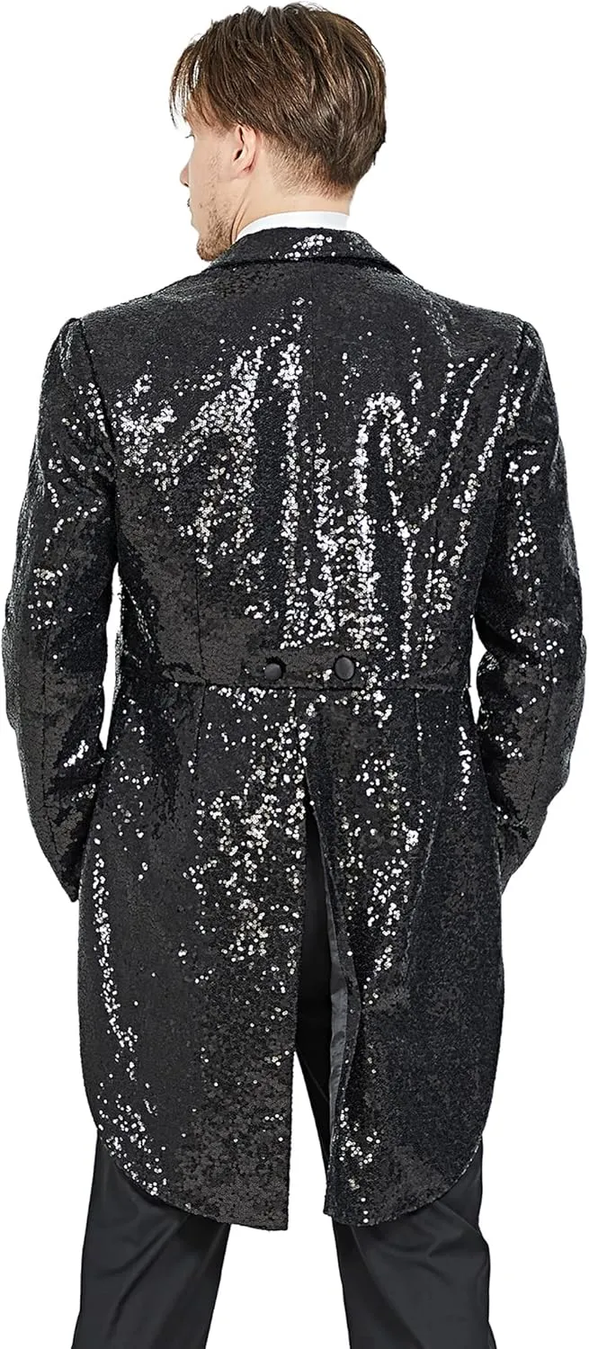MAGE MALE Mens Sequin Tuxedo Jacket Tails Slim Fit Tailcoat Dress Coat Swallowtail Dinner Party Wedding Blazer Suit Jacket