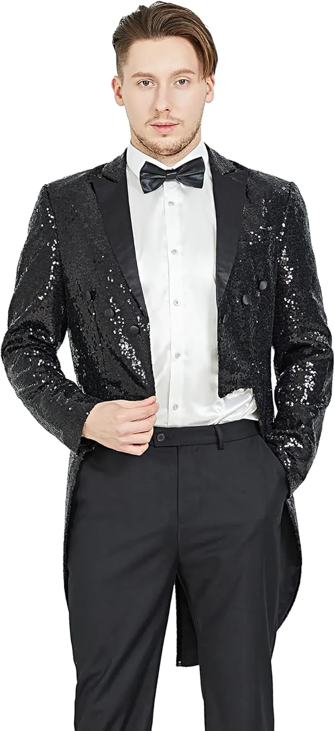 MAGE MALE Mens Sequin Tuxedo Jacket Tails Slim Fit Tailcoat Dress Coat Swallowtail Dinner Party Wedding Blazer Suit Jacket