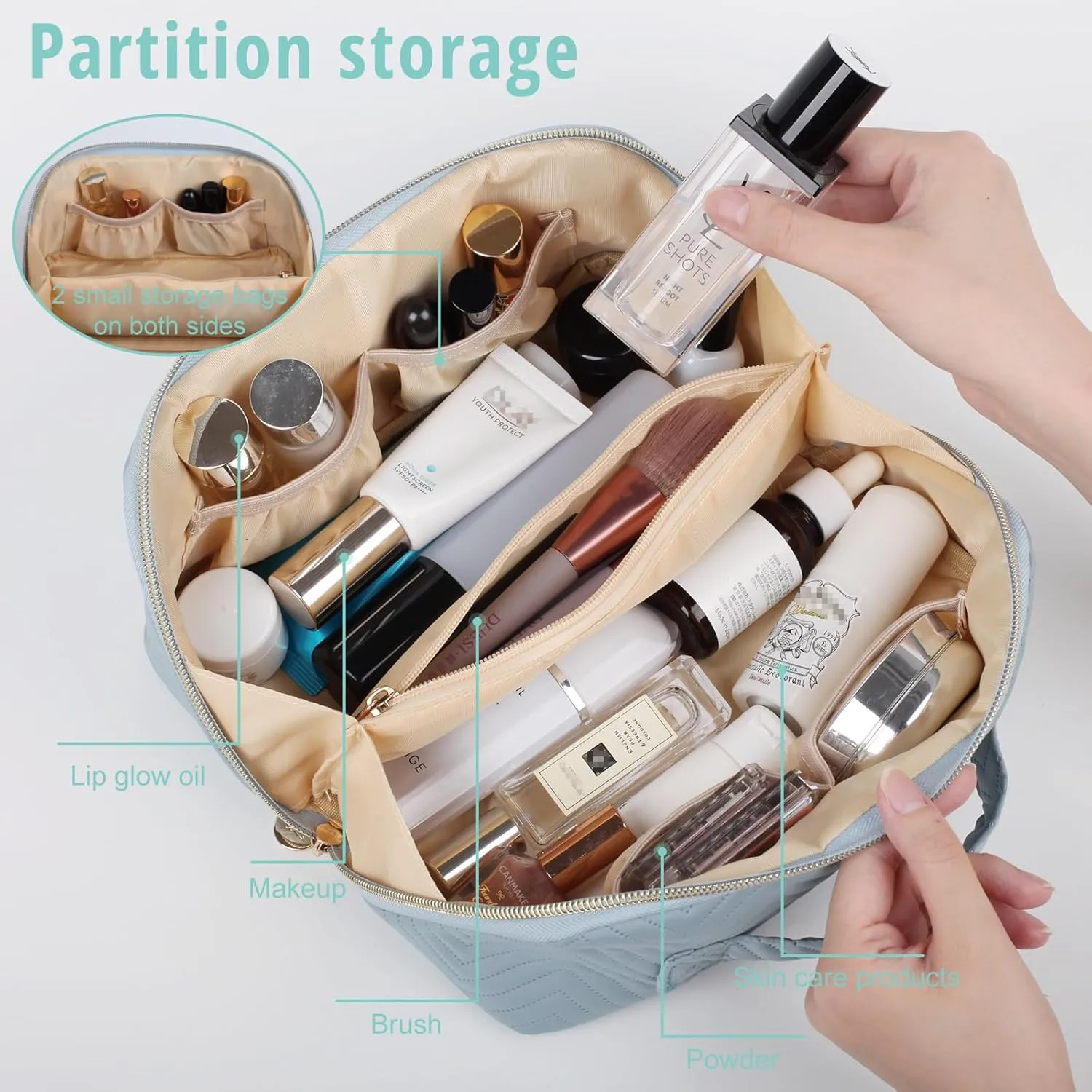 Makeup Bag Cosmetic Bag, Large Capacity Travel Makeup Bag for Women with Portable Pouch Open Flat Water-resistant Toiletry Organizer Bag with Handle(Blue with Brush Holder)