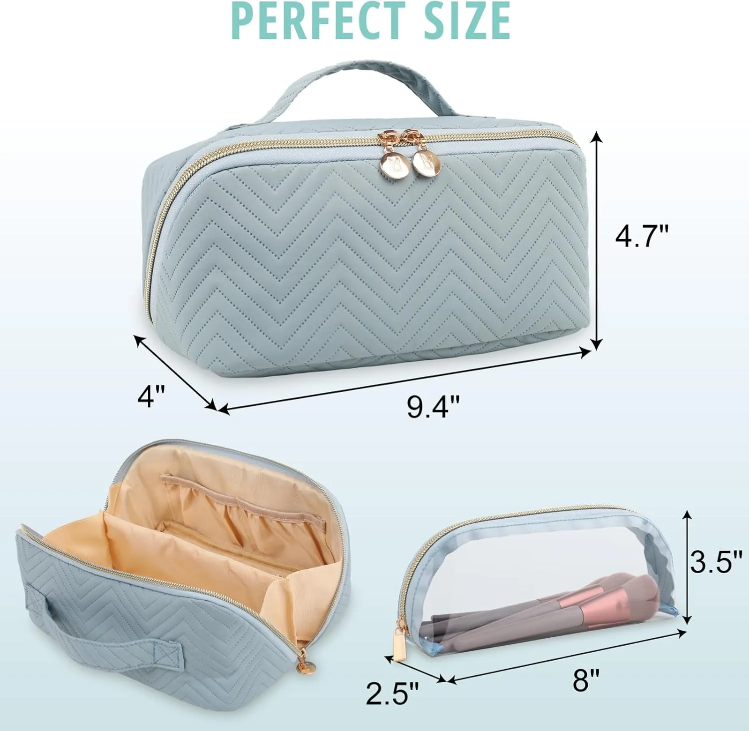 Makeup Bag Cosmetic Bag, Large Capacity Travel Makeup Bag for Women with Portable Pouch Open Flat Water-resistant Toiletry Organizer Bag with Handle(Blue with Brush Holder)