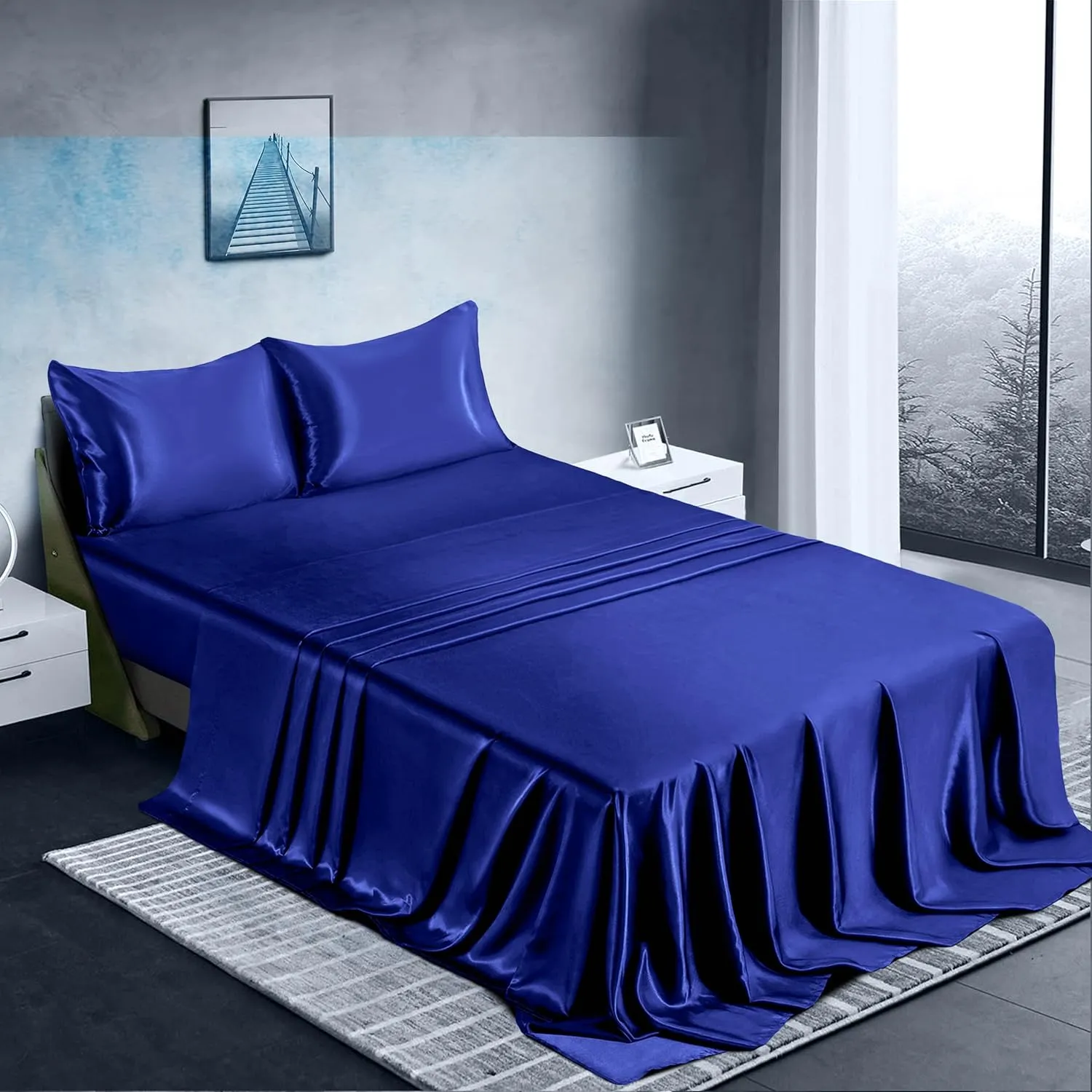 ManyShofu Satin Queen Sheet Set - 4 Piece, Soft Silky Sheets, Royal Blue Cooling Bedding