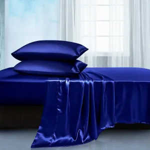 ManyShofu Satin Queen Sheet Set - 4 Piece, Soft Silky Sheets, Royal Blue Cooling Bedding