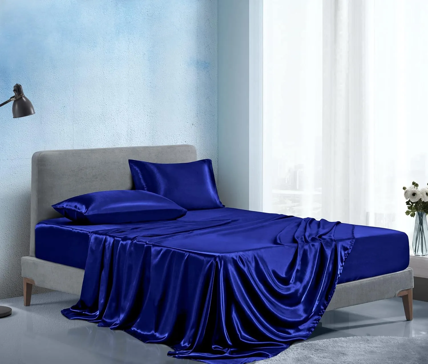 ManyShofu Satin Queen Sheet Set - 4 Piece, Soft Silky Sheets, Royal Blue Cooling Bedding