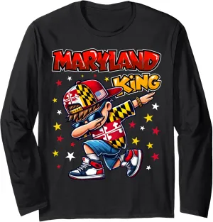 Maryland King Dabbing Cool Maryland State Flag for Kids Long Sleeve T-Shirt