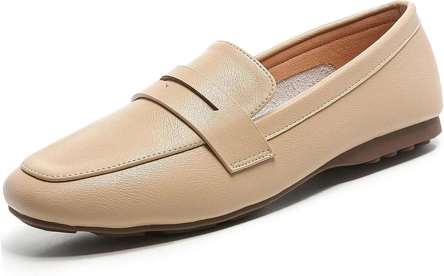 MASIKA Women's Fashionable Loafers, Cowhide Soft Soled Loafers, Square Toe Minimalist Work Shoes, Flat Shoes, and White Penny Loafers.