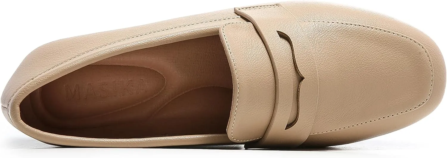 MASIKA Women's Fashionable Loafers, Cowhide Soft Soled Loafers, Square Toe Minimalist Work Shoes, Flat Shoes, and White Penny Loafers.