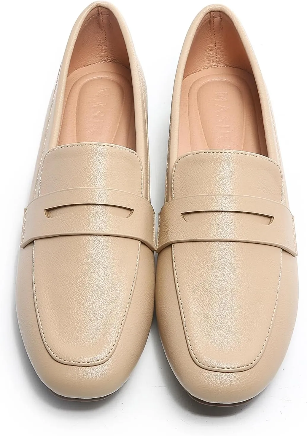 MASIKA Women's Fashionable Loafers, Cowhide Soft Soled Loafers, Square Toe Minimalist Work Shoes, Flat Shoes, and White Penny Loafers.