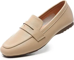 MASIKA Women's Fashionable Loafers, Cowhide Soft Soled Loafers, Square Toe Minimalist Work Shoes, Flat Shoes, and White Penny Loafers.