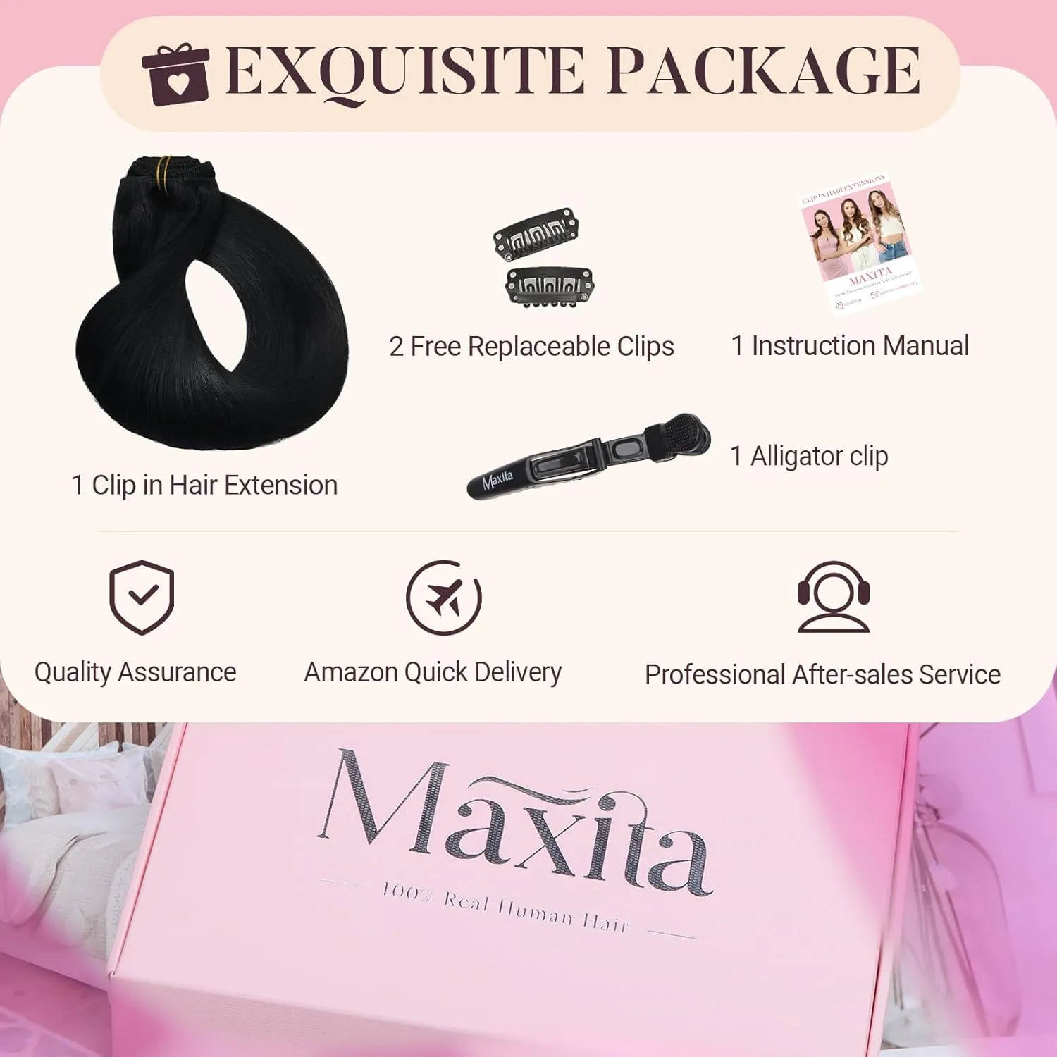 MAXITA Clip in Hair Extensions Real Human Hair, 18 Inch Jet Black 120g 7pcs, Hair Extensions Clip in Human Hair, Straight Natural Hair Remy Clip in Hair Extensions for Woman