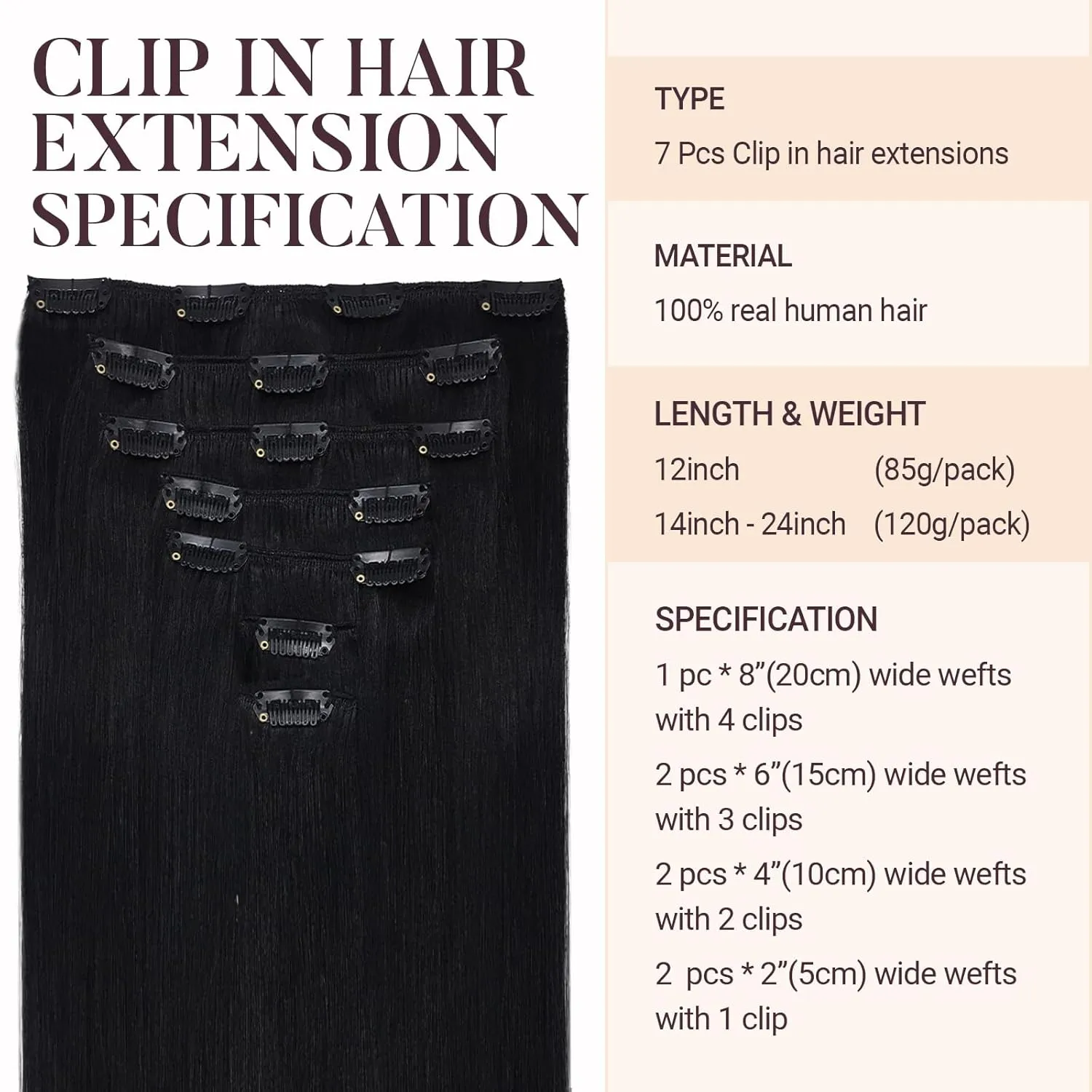 MAXITA Clip in Hair Extensions Real Human Hair, 18 Inch Jet Black 120g 7pcs, Hair Extensions Clip in Human Hair, Straight Natural Hair Remy Clip in Hair Extensions for Woman