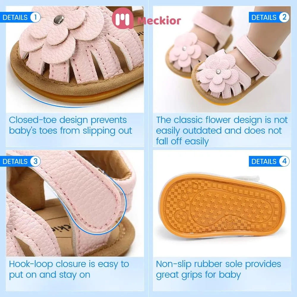 Meckior Baby Toddler Infant Girls PU Leather Soft Open Toe Summer Sandals Flower Princess Flat Shoes