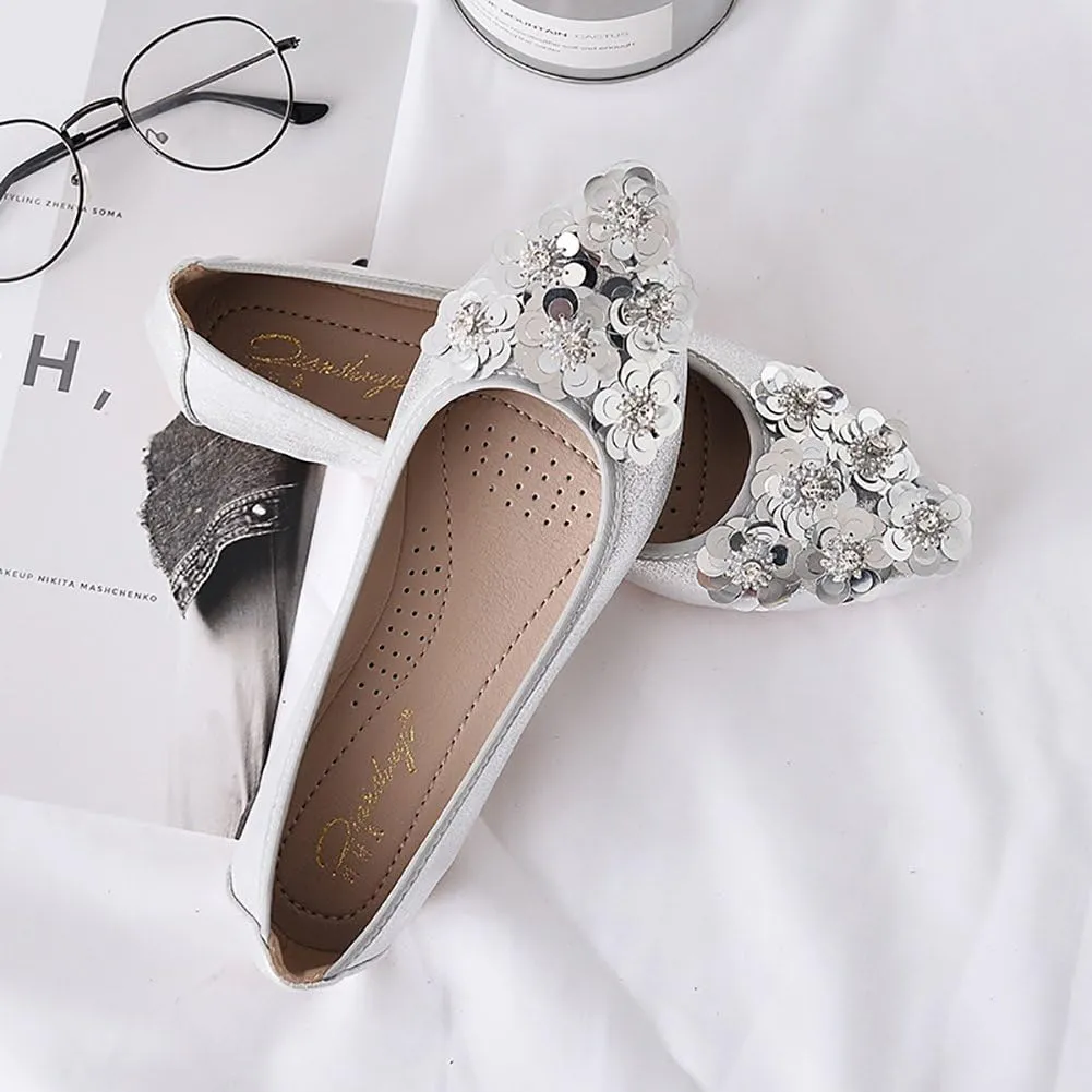 Meeshine Womens Foldable Soft Pointed Toe Ballet Flats Rhinestone Comfort Slip on Flat Shoes