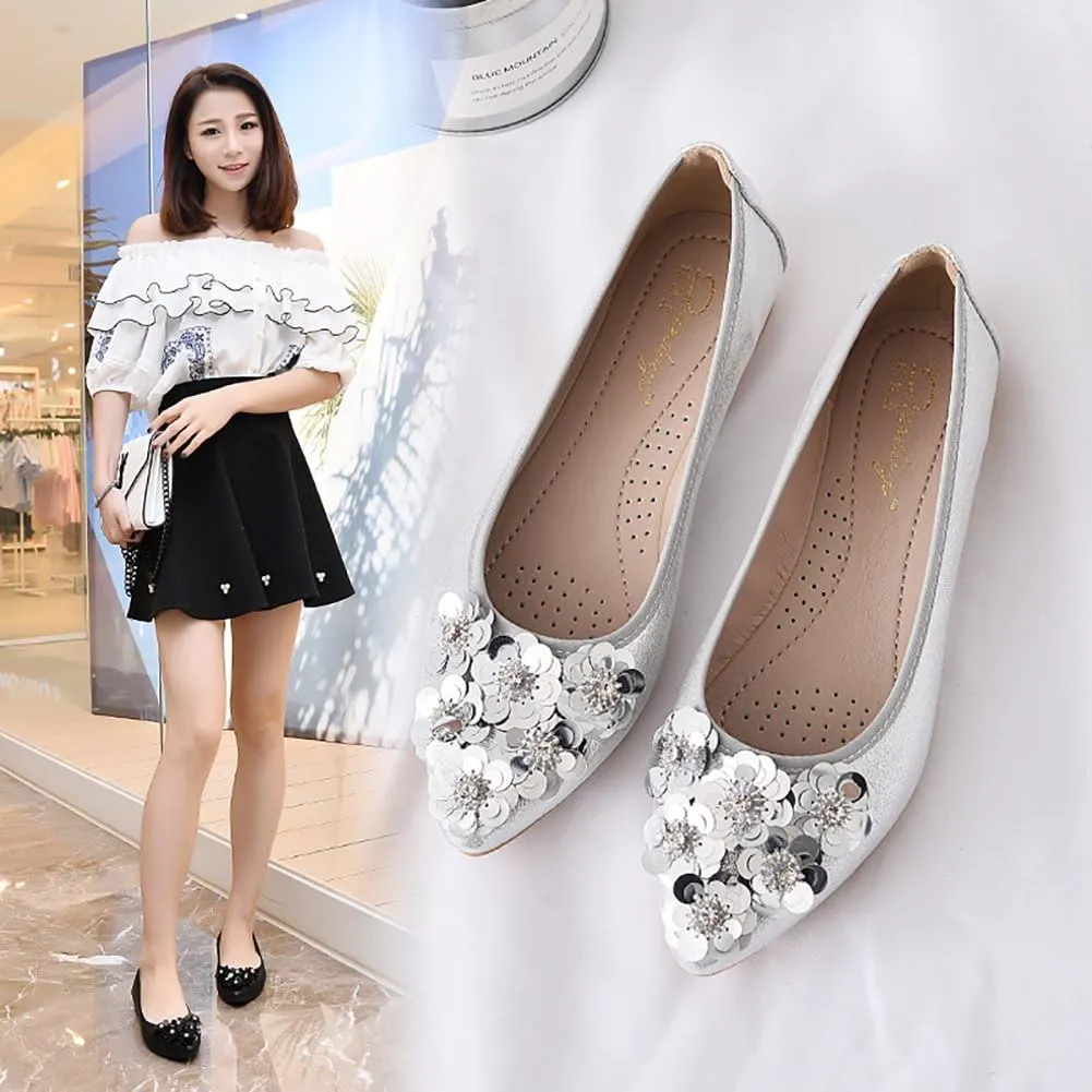 Meeshine Womens Foldable Soft Pointed Toe Ballet Flats Rhinestone Comfort Slip on Flat Shoes