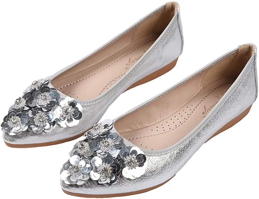 Meeshine Womens Foldable Soft Pointed Toe Ballet Flats Rhinestone Comfort Slip on Flat Shoes