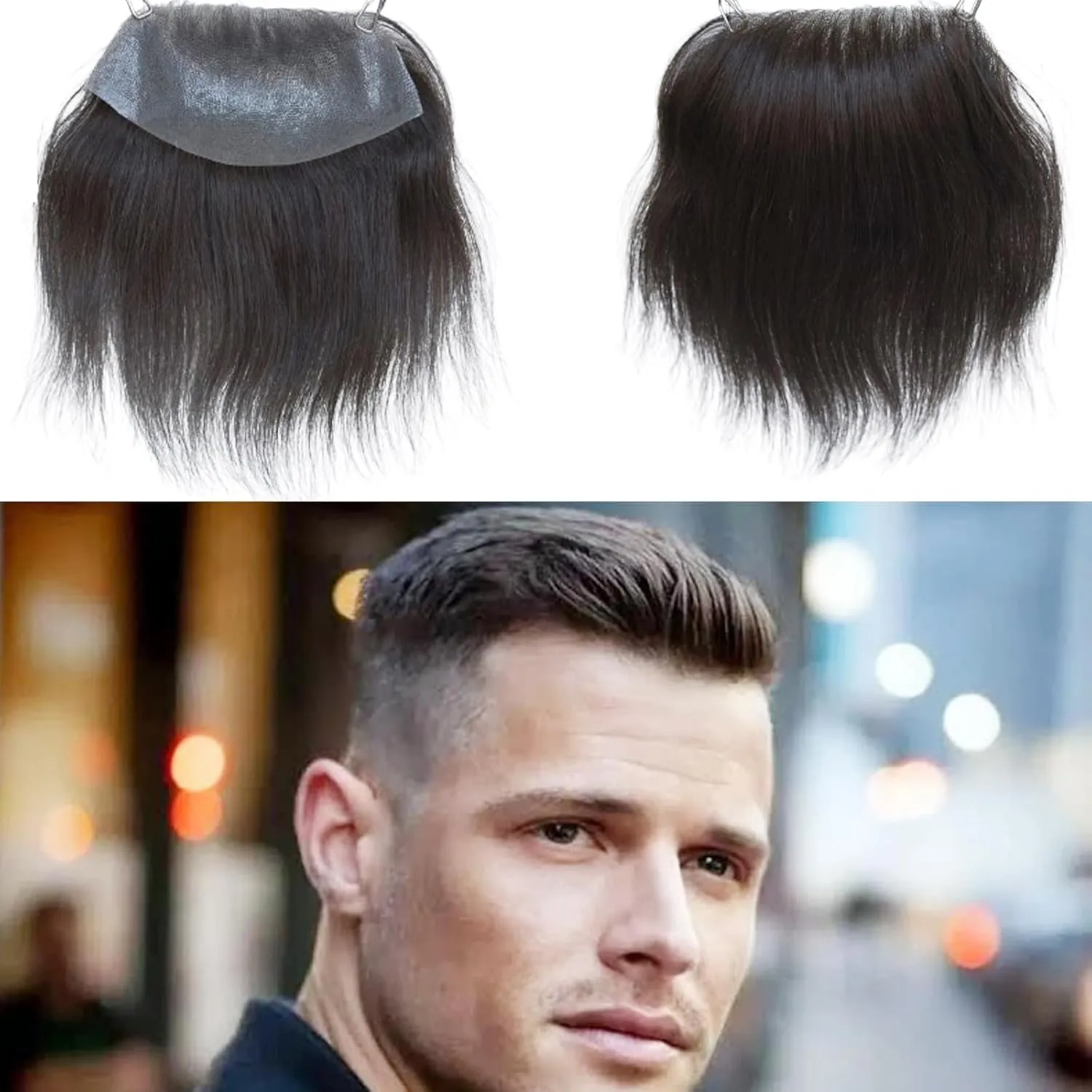 Men Forehead Hairline Toupee 100% Human Hair Skin PU Man Hairpieces Frontal Hair Topper for Receding Natural Hairline Replacement Systems (2.75x6.29 Inch, #2 Dark Brown Color)