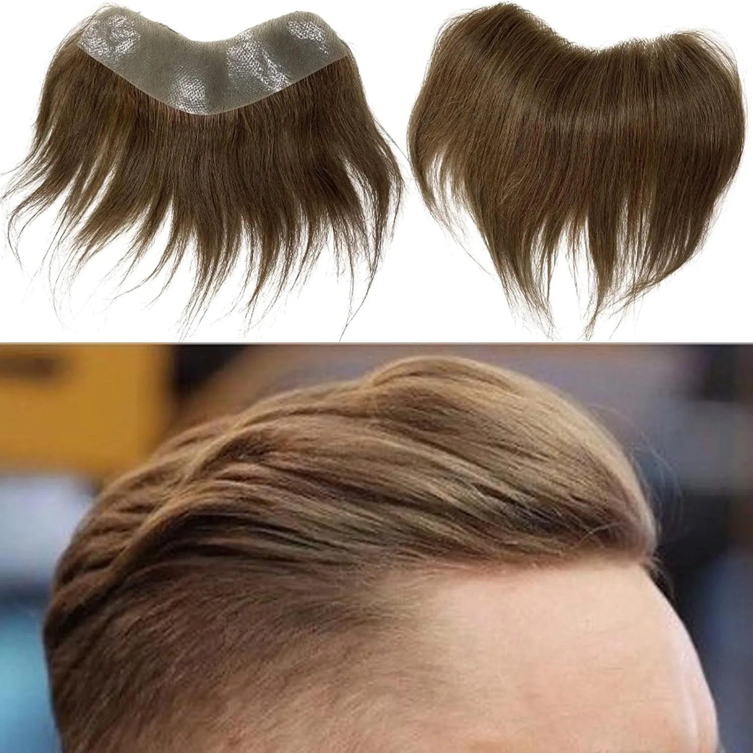Men Forehead Hairline Toupee 100% Human Hair Skin PU Man Hairpieces Frontal Hair Topper for Receding Natural Hairline Replacement Systems #7 Light Brown Color 0.78x6.29INCH