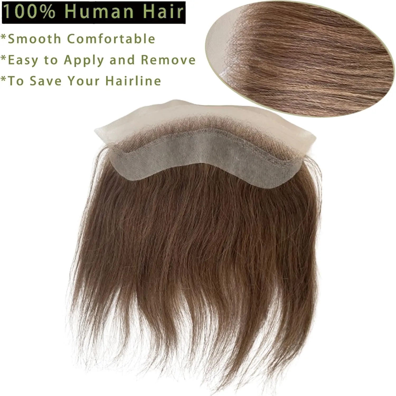 Men Forehead Hairline Toupee HD Invisible Lace Hairline Lace front Skin PU Back Man Hairpieces Frontal Hair Topper for Receding Replacement Systems (7.08x1.57INCH, #4 Medium Brown Color)