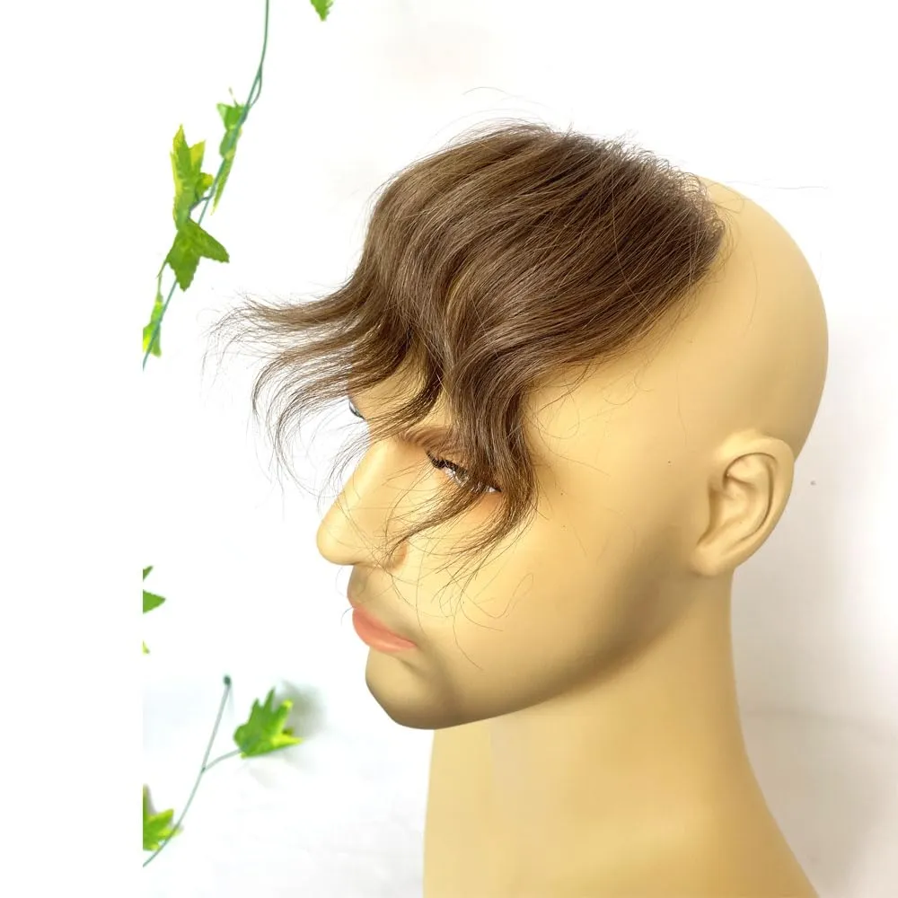 Men Forehead Hairline Toupee Real Human Hair Skin PU Man Hairpieces Hair Topper for Receding Natural Hairline Replacement System (#7 color, 1.18x6.69 Inch)