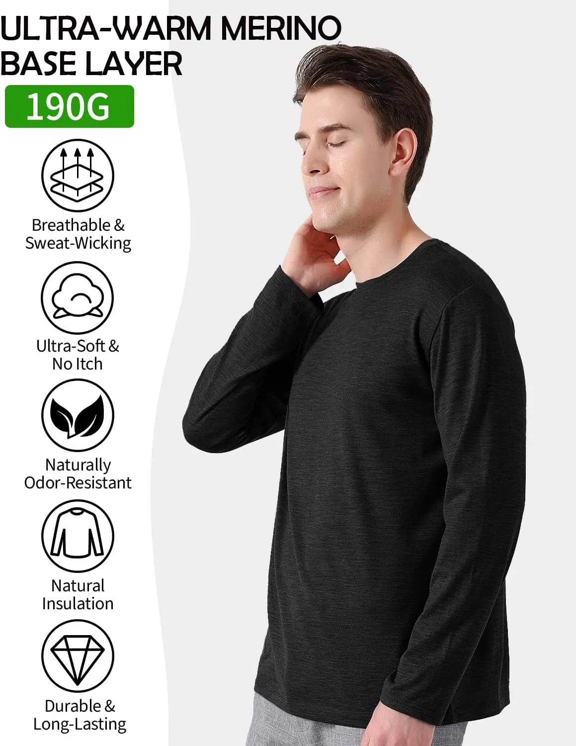 Mens 100% Merino Wool Base Layer Midweight Merino Wool Long Sleeve Thermal Shirts for Men, Ultra Comfort & Soft