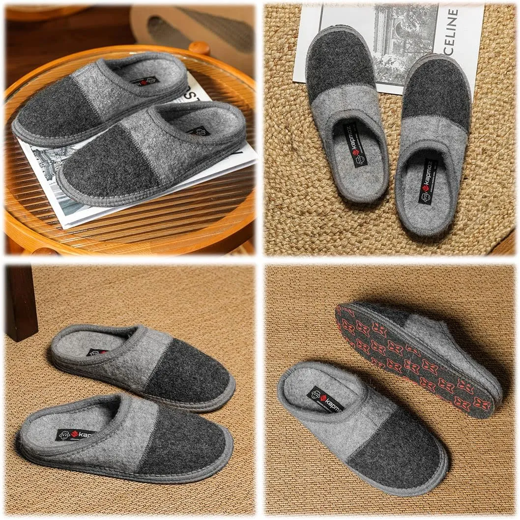 Men's Boiled Wool House Slippers Breathable Winter Warm Slip on Mules Indoor/Outdoor Slipper for Women Two Tone Cap Toe Clog