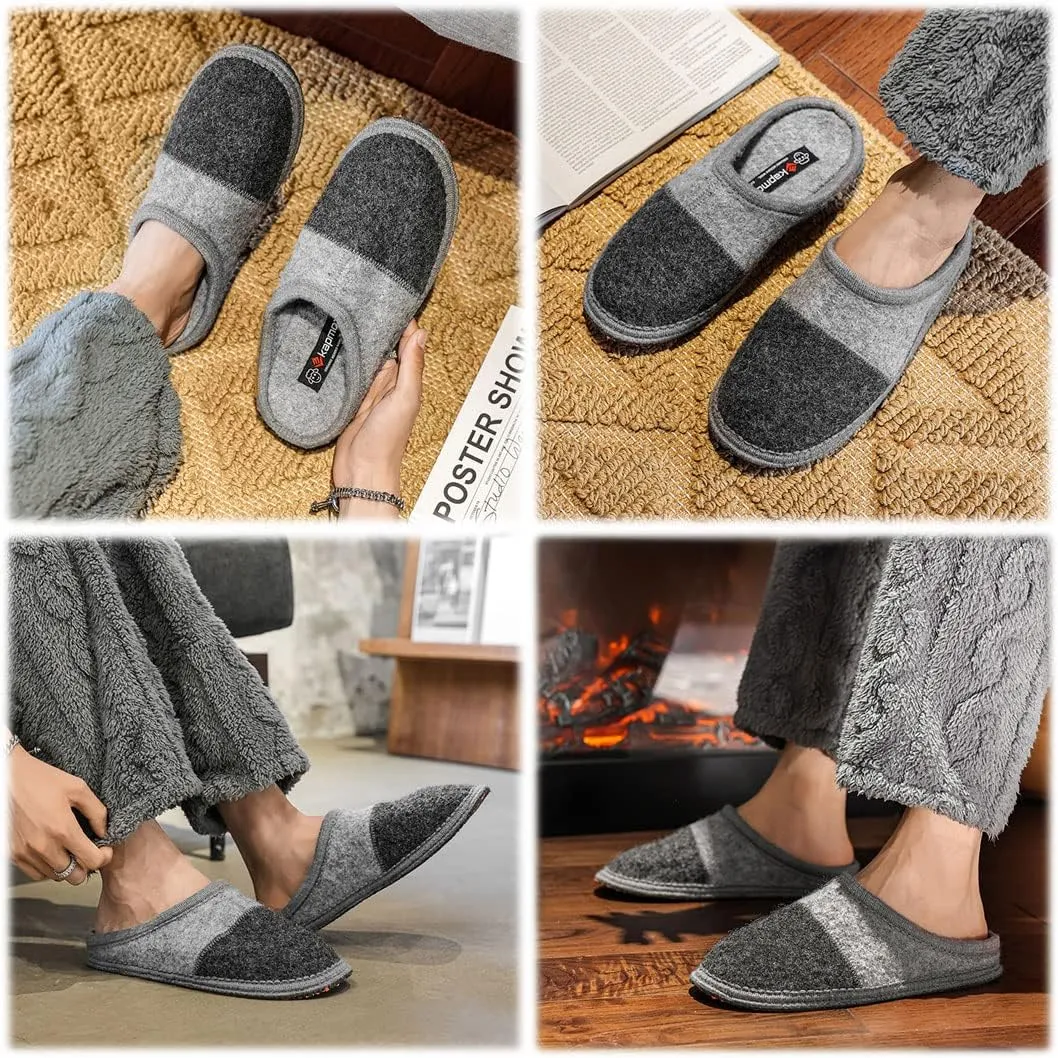 Men's Boiled Wool House Slippers Breathable Winter Warm Slip on Mules Indoor/Outdoor Slipper for Women Two Tone Cap Toe Clog