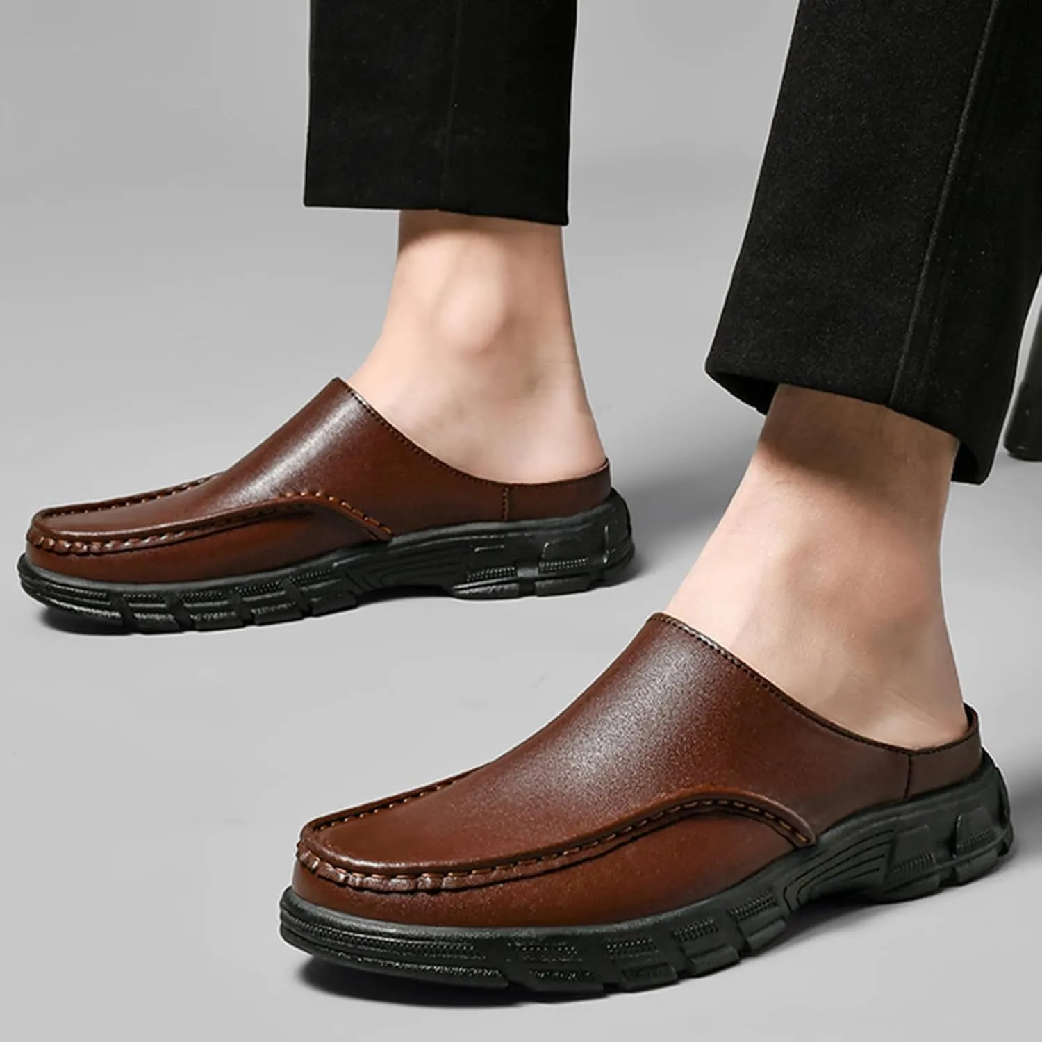 Mens Genuine Leather Soft Bottom Mule Sandals Luxury Wide Round Toe Slip On Formal Wear Dress Loafers Casual Breathable Walking Slippers