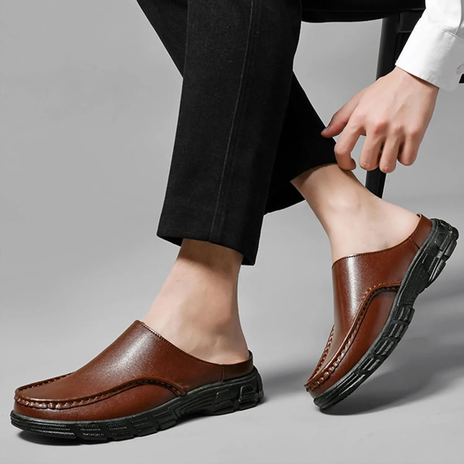 Mens Genuine Leather Soft Bottom Mule Sandals Luxury Wide Round Toe Slip On Formal Wear Dress Loafers Casual Breathable Walking Slippers
