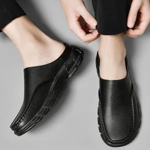 Mens Genuine Leather Soft Bottom Mule Sandals Luxury Wide Round Toe Slip On Formal Wear Dress Loafers Casual Breathable Walking Slippers