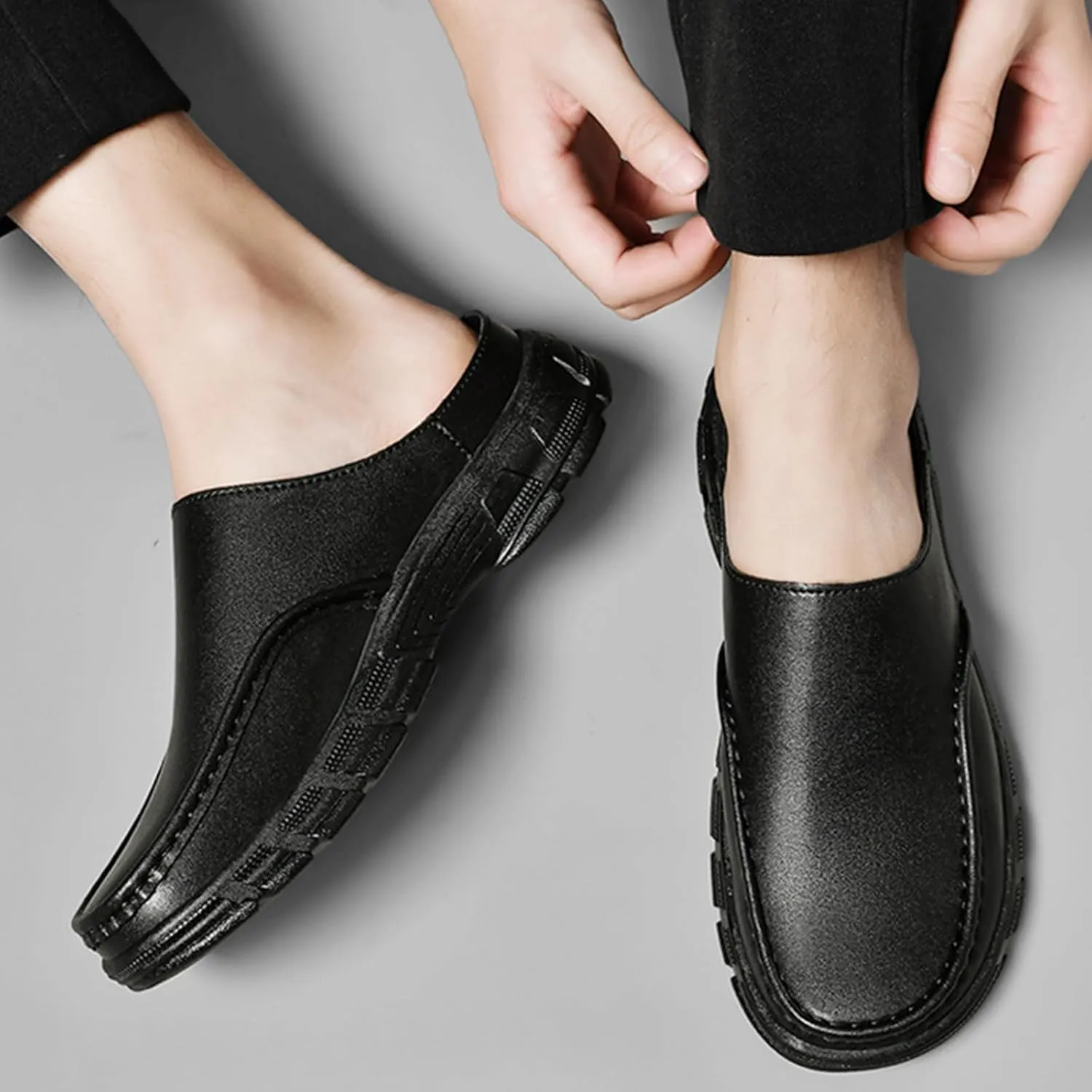Mens Genuine Leather Soft Bottom Mule Sandals Luxury Wide Round Toe Slip On Formal Wear Dress Loafers Casual Breathable Walking Slippers