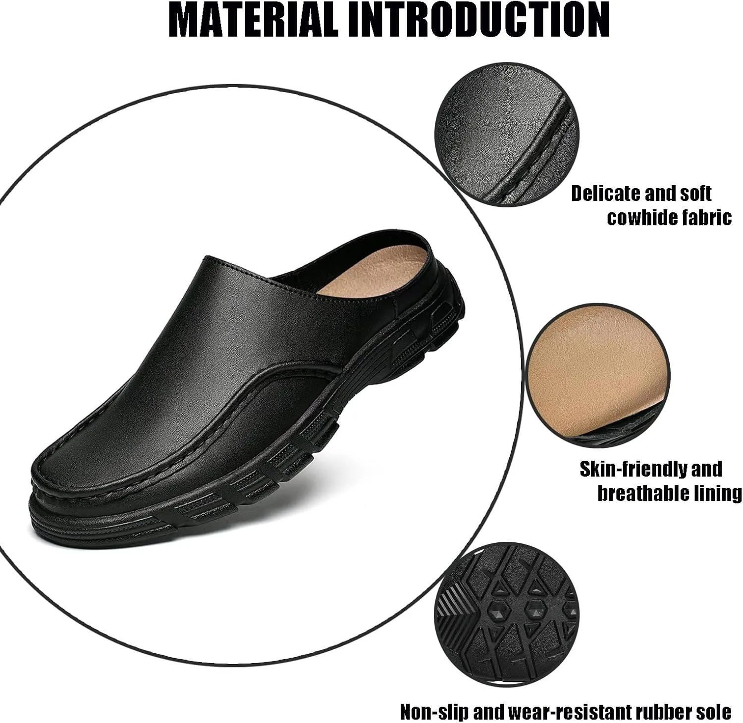 Mens Genuine Leather Soft Bottom Mule Sandals Luxury Wide Round Toe Slip On Formal Wear Dress Loafers Casual Breathable Walking Slippers