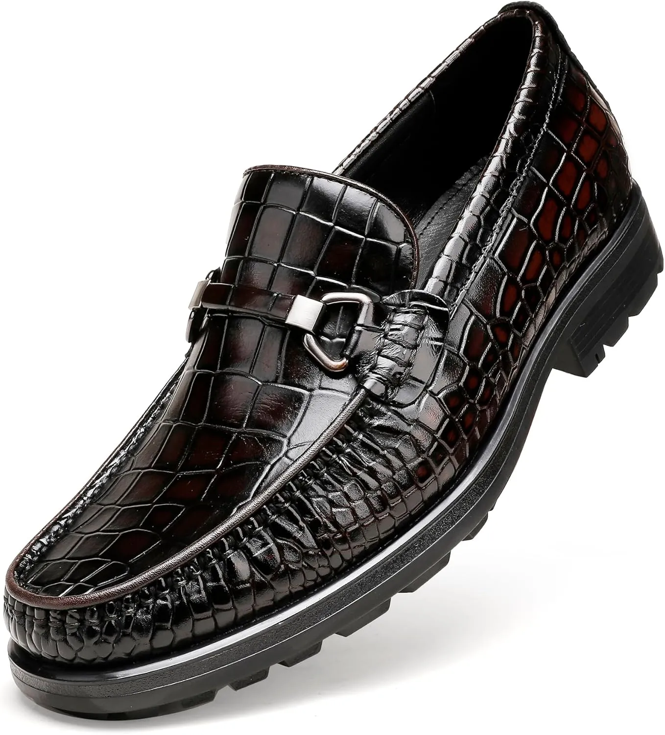 Men's Leather Dress Shoes, Classic Crocodile Printed Dress Shoes Casual Slip-on Penny Loafer for Mens