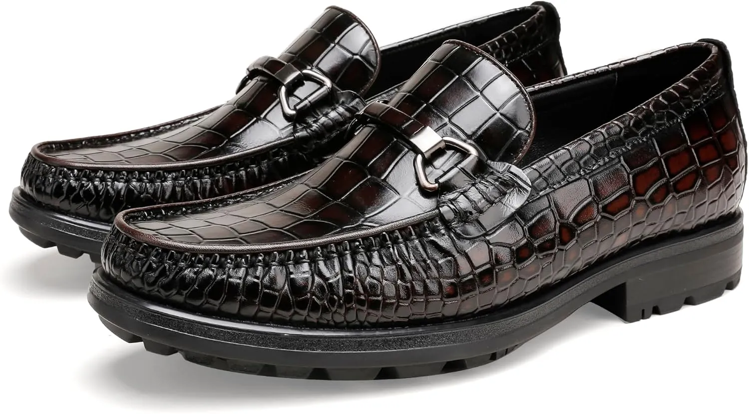 Men's Leather Dress Shoes, Classic Crocodile Printed Dress Shoes Casual Slip-on Penny Loafer for Mens