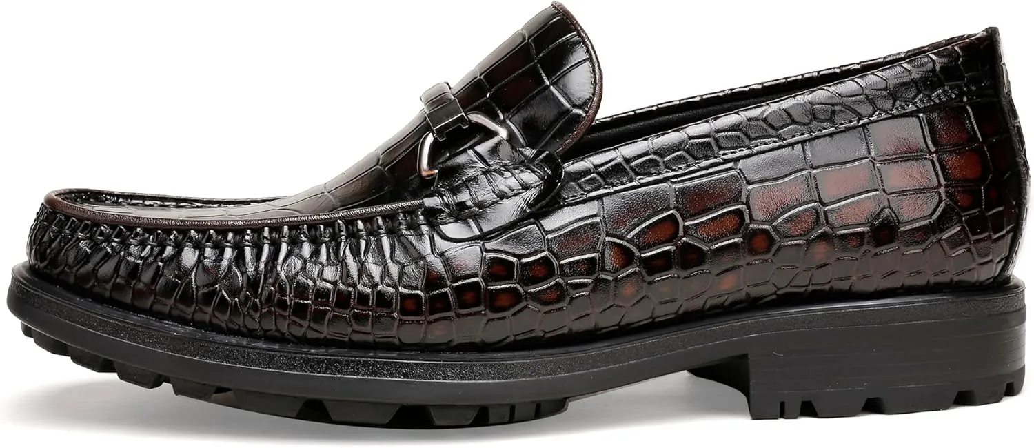 Men's Leather Dress Shoes, Classic Crocodile Printed Dress Shoes Casual Slip-on Penny Loafer for Mens