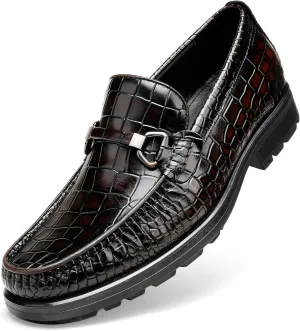 Men's Leather Dress Shoes, Classic Crocodile Printed Dress Shoes Casual Slip-on Penny Loafer for Mens