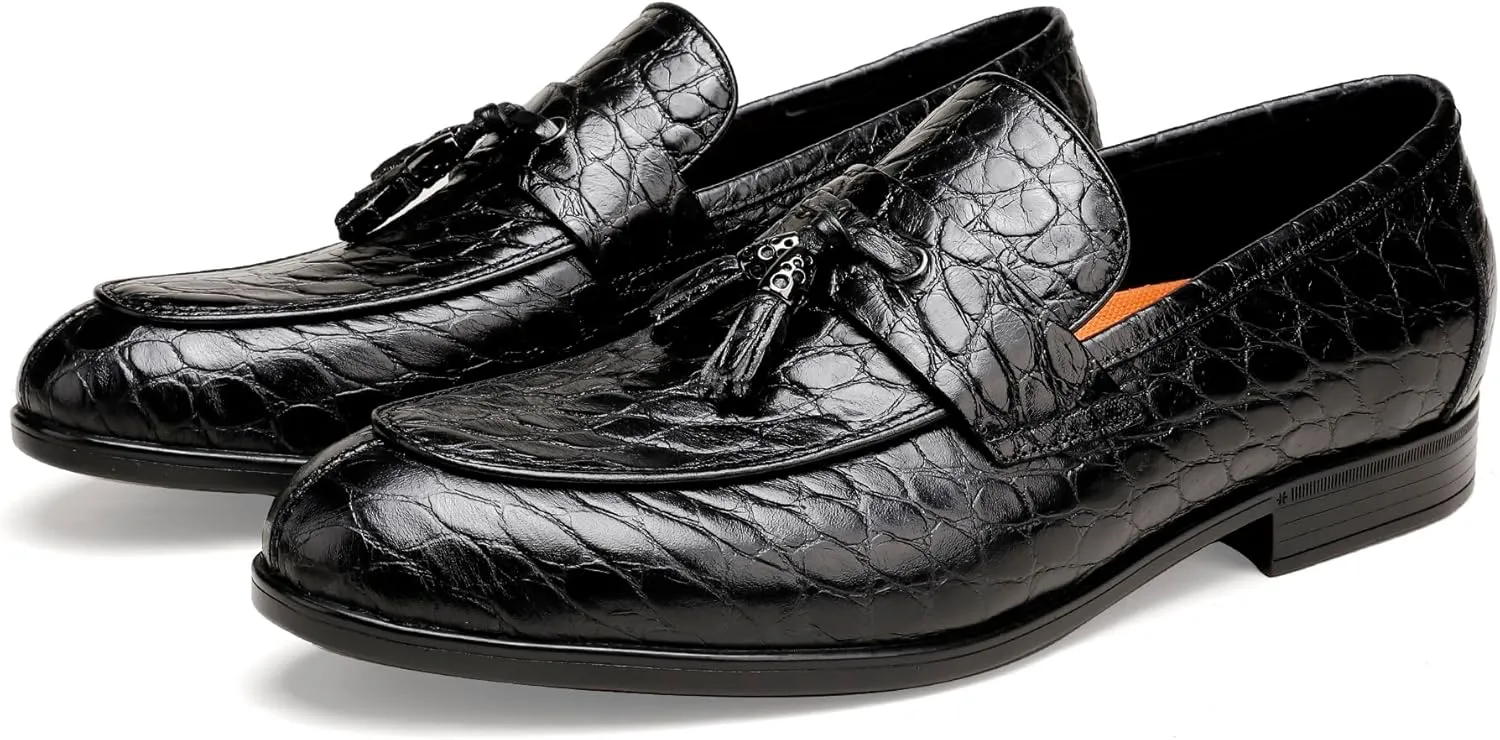 Mens Leather Tassel Loafer, Classic Luxury Smooth Upper Tassel Slip-on Penny Loafer for Mens, Black