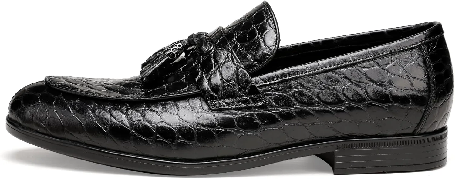 Mens Leather Tassel Loafer, Classic Luxury Smooth Upper Tassel Slip-on Penny Loafer for Mens, Black