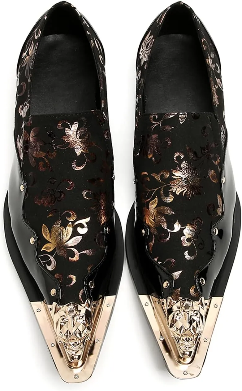 Men's Luxury Dress Loafers Floral Pattern Patent Leather Loafers with Gold Metal Toe Rose Gold Flower Print Slip-on Formal Shoes