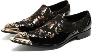 Men's Luxury Dress Loafers Floral Pattern Patent Leather Loafers with Gold Metal Toe Rose Gold Flower Print Slip-on Formal Shoes