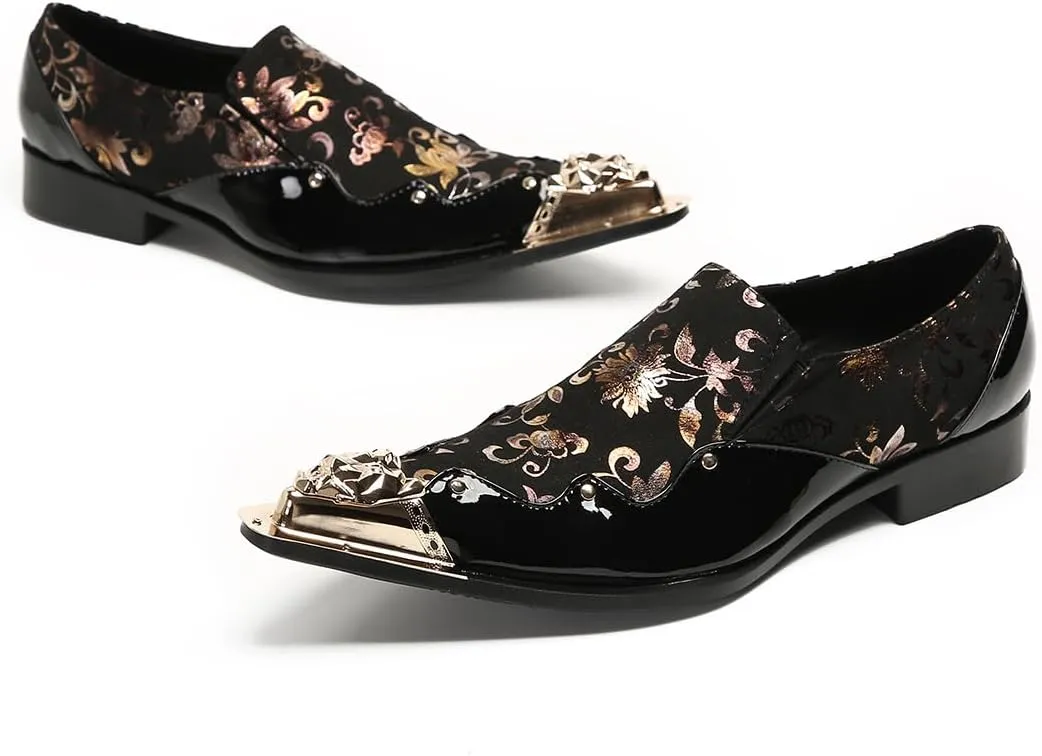 Men's Luxury Dress Loafers Floral Pattern Patent Leather Loafers with Gold Metal Toe Rose Gold Flower Print Slip-on Formal Shoes