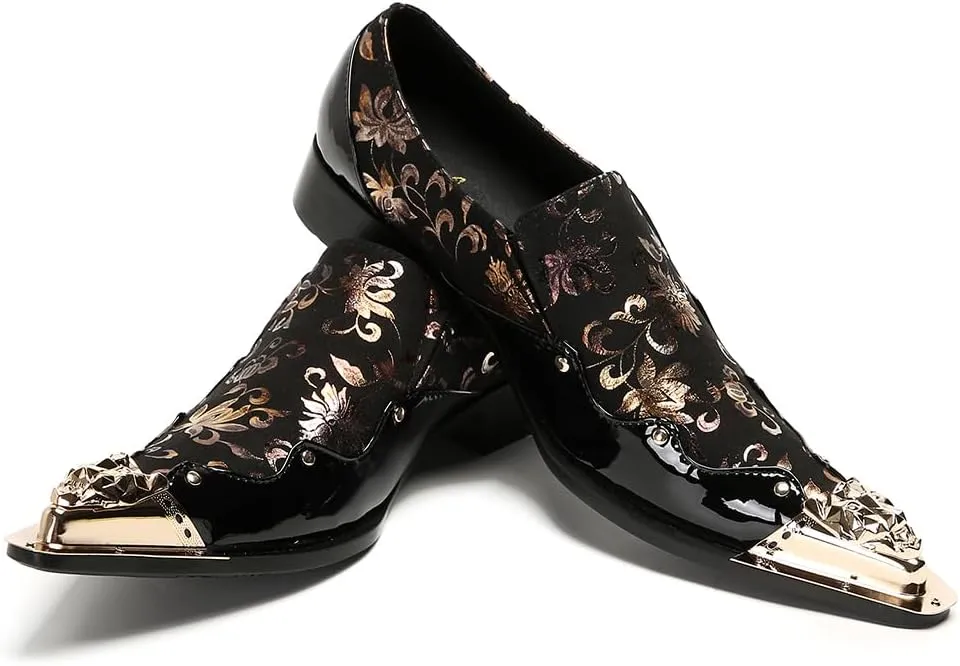 Men's Luxury Dress Loafers Floral Pattern Patent Leather Loafers with Gold Metal Toe Rose Gold Flower Print Slip-on Formal Shoes