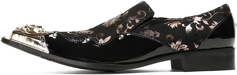 Men's Luxury Dress Loafers Floral Pattern Patent Leather Loafers with Gold Metal Toe Rose Gold Flower Print Slip-on Formal Shoes