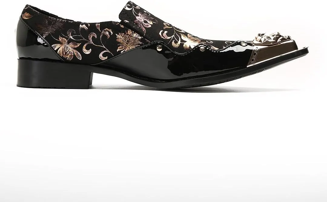 Men's Luxury Dress Loafers Floral Pattern Patent Leather Loafers with Gold Metal Toe Rose Gold Flower Print Slip-on Formal Shoes